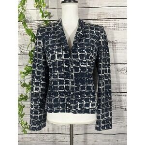 Louben Blazer Jacket size 8 Navy Blue Tan Squares Open Front Career Professional